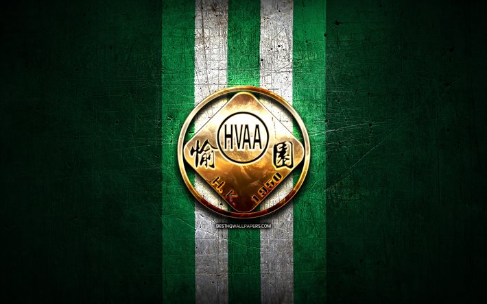 Happy Valley AA FC, logotipo dourado, Hong Kong Premier League, fundo de metal verde, futebol, clube de futebol de Hong Kong, HVAA, logotipo Happy Valley AA, logotipo HVAA, Happy Valley AA