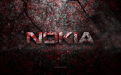 ノキアのロゴ, グランジアート, ノキア石のロゴ, 赤い石の質感, Nokia, グランジ石のテクスチャ, ノキアエンブレム, ノキア 3D ロゴ
