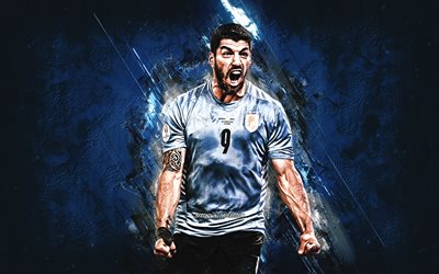 Luis Suarez, Uruguay national football team, Uruguayan footballer, portrait, blue stone background, Uruguay, football, grunge art