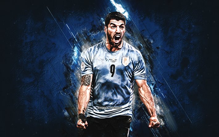Luis Suarez, Nazionale di calcio dell&#39;Uruguay, calciatore uruguaiano, ritratto, sfondo pietra blu, Uruguay, calcio, arte grunge