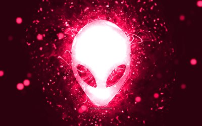 Alienware pembe logo, 4k, pembe neon ışıklar, yaratıcı, pembe soyut arka plan, Alienware logosu, markalar, Alienware