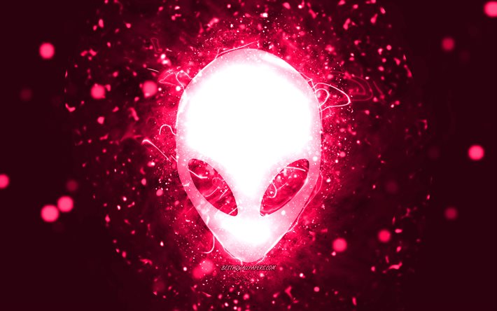 Alienware pink logo, 4k, pink neon lights, creative, pink abstract background, Alienware logo, brands, Alienware