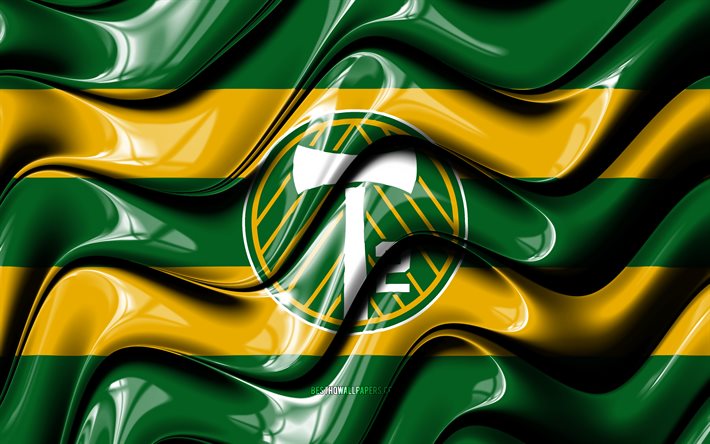 Portland Timbers 2 bandeira, 4k, ondas 3D verdes e amarelas, USL, time de futebol americano, Portland Timbers 2 logotipo, futebol, Portland Timbers 2 FC