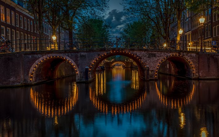 Kees Fensbrug, Amsterdam, Keizersgracht, soir&#233;e, coucher de soleil, pont de pierre, rues d’Amsterdam, Pays-Bas