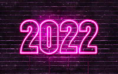 2022 lila neonziffern, 4k, frohes neues jahr 2022, lila brickwall, horizontaler text, 2022 konzepte, dr&#228;hte, 2022 neues jahr, 2022 auf lila hintergrund, 2022 jahresziffern