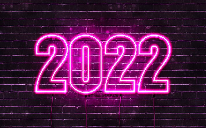 2022 cifre al neon viola, 4k, Felice Anno Nuovo 2022, muro di mattoni viola, testo orizzontale, 2022 concetti, fili, 2022 anno nuovo, 2022 su sfondo viola, cifre dell&#39;anno 2022