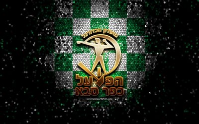 Hapoel Kfar Saba FC, glitter logo, Ligat ha Al, green white checkered background, soccer, Israeli football club, Hapoel Kfar Saba logo, mosaic art, football, Hapoel Kfar Saba, Israel
