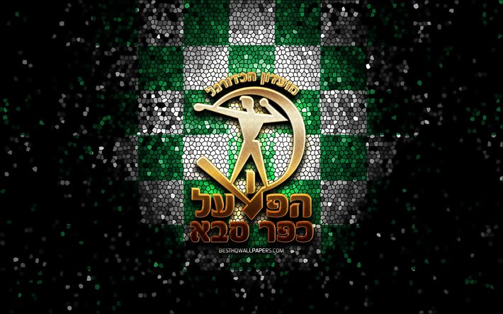 Hapoel Kfar Saba FC, logotipo com glitter, Ligat ha Al, fundo xadrez branco verde, futebol, clube de futebol israelense, logotipo do Hapoel Kfar Saba, arte em mosaico, Hapoel Kfar Saba, Israel