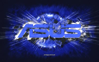Asus logo, grunge sanat, mavi taş arka plan, Asus mavi logo, Asus, yaratıcı sanat, Asus grunge logo