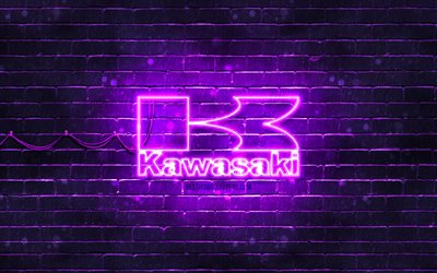 Kawasaki violett logotyp, 4k, violett tegelvägg, Kawasaki logo, motorcykelmärken, Kawasaki neonlogotyp, Kawasaki