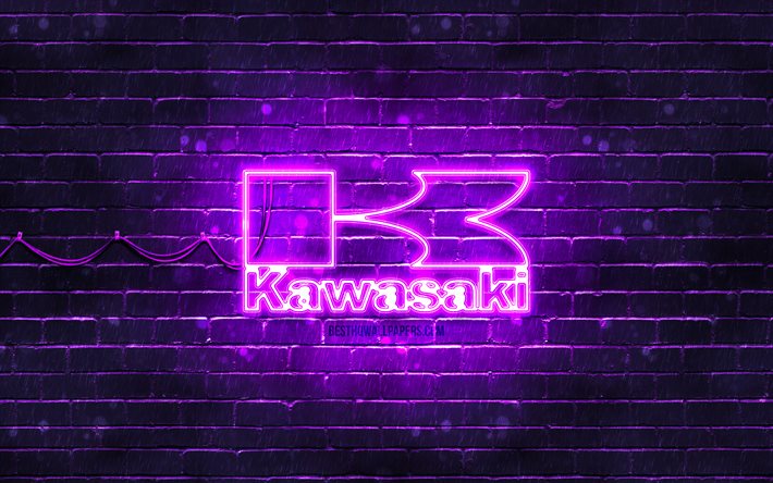 Kawasakin violetti logo, 4k, violetti tiiliseinä, Kawasakin logo, moottoripyörämerkit, Kawasakin neonlogo, Kawasaki