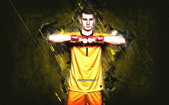 Dominik Livakovic, Croatia national football team, Croatian footballer, goalkeeper, yellow stone background, Croatia, football, grunge art