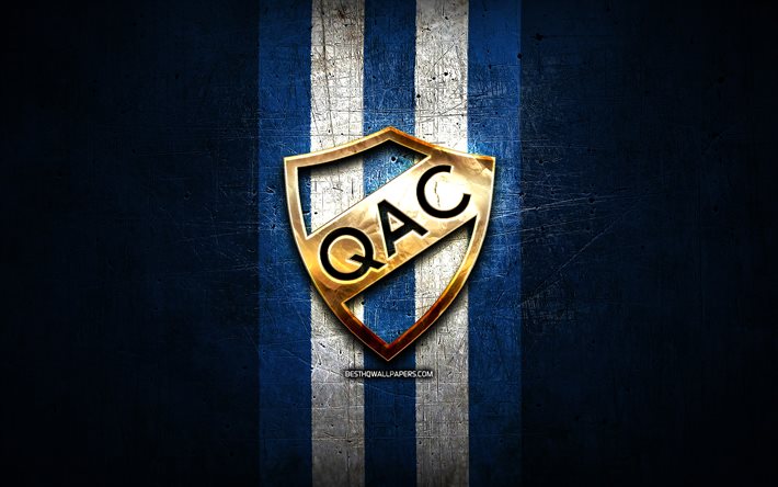 quilmes fc, goldenes logo, primera nacional, blauer metallhintergrund, fu&#223;ball, argentinischer fu&#223;ballverein, quilmes ac-logo, quilmes ac, argentinien, quilmes atletico club