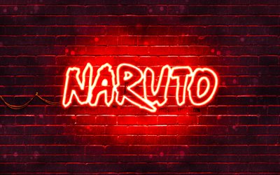 Naruto red logo, 4k, red brickwall, Naruto logo, manga, Naruto neon logo, Naruto
