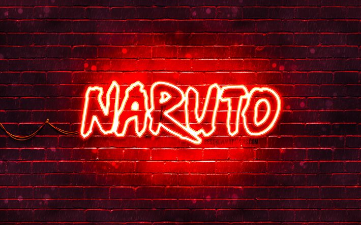 Logo rouge Naruto, 4k, mur de briques rouges, logo Naruto, manga, logo n&#233;on Naruto, Naruto