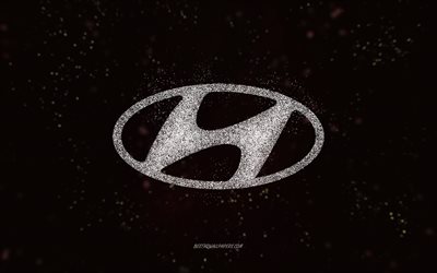 Hyundai glitter logo, 4k, black background, Hyundai logo, white glitter art, Hyundai, creative art, Hyundai white glitter logo