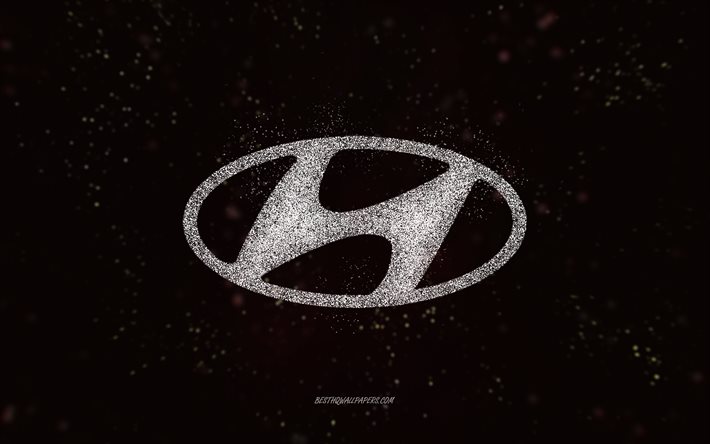 Hyundai logo glitter, 4k, sfondo nero, logo Hyundai, bianco glitter art, Hyundai, arte creativa, Hyundai bianco glitter logo