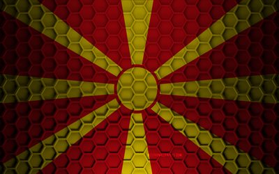North Macedonia flag, 3d hexagons texture, North Macedonia, 3d texture, North Macedonia 3d flag, metal texture, flag of North Macedonia