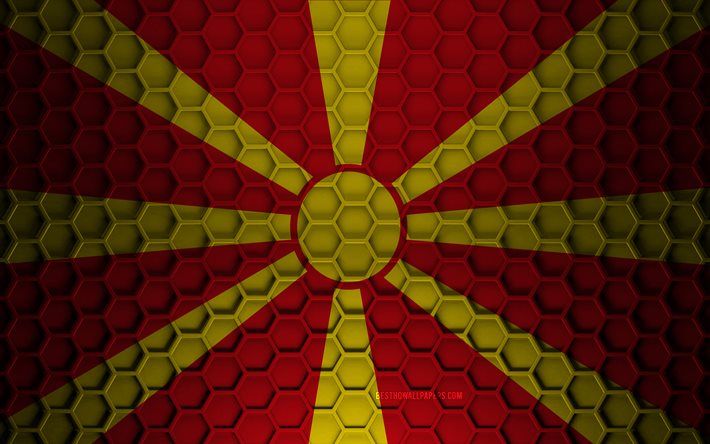 Nordmakedoniens flagga, 3d hexagons textur, Nordmakedonien, 3d textur, Nordmakedonien 3d flagga, metallstruktur