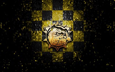 Hamilton Bulldogs, glitter logo, OHL, yellow black checkered background, hockey, canadian hockey team, Hamilton Bulldogs logo, mosaic art, Canada