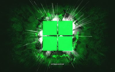 Logo Windows 11, art grunge, Windows, fond de pierre verte, logo vert Windows 11, Windows 11, art cr&#233;atif, logo grunge Windows 11, logo Windows