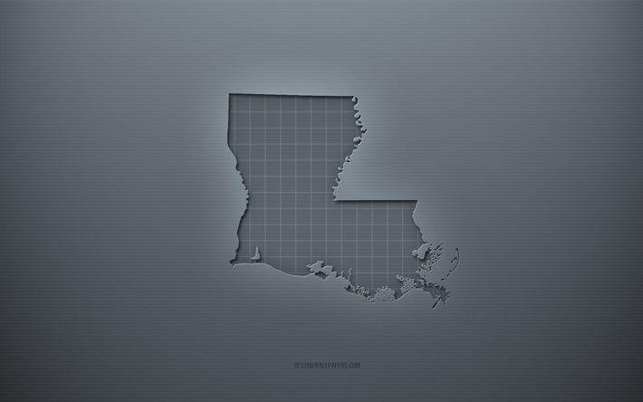 ルイジアナ州の地図, 灰色の創造的な背景, Louisiana, 米国, 灰色の紙の質感, アメリカの州, ルイジアナ州の地図のシルエット, ルイジアナの地図, 灰色の背景, ルイジアナの3Dマップ