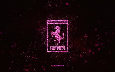 Ferrari glitter logo, 4k, black background, Ferrari logo, pink glitter art, Ferrari, creative art, Ferrari pink glitter logo