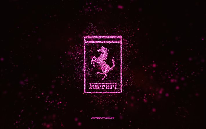 Ferrari glitter logotyp, 4k, svart bakgrund, Ferrari logotyp, rosa glitter konst, Ferrari, kreativ konst, Ferrari rosa glitter logotyp