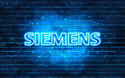 Logo bleu Siemens, 4k, mur de briques bleu, logo Siemens, marques, logo n&#233;on Siemens, Siemens