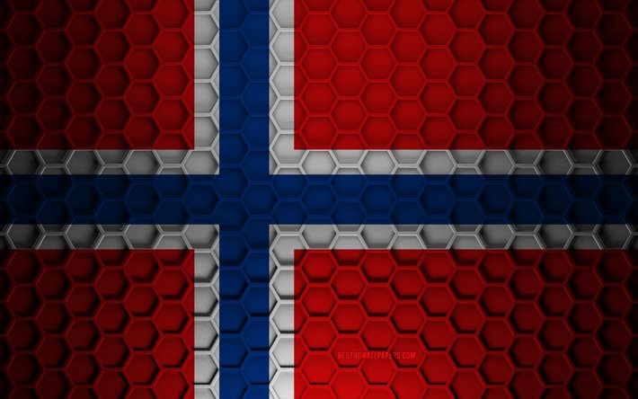 Drapeau de la Norv&#232;ge, texture des hexagones 3d, Norv&#232;ge, texture 3d, drapeau de la Norv&#232;ge 3d, texture m&#233;tallique, drapeau de la Norv&#232;ge
