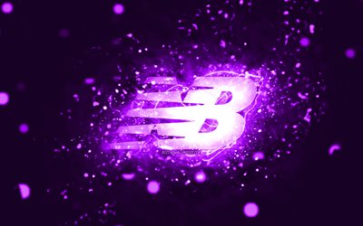 New Balance violet logo, 4k, violet neon lights, creative, violet abstract background, New Balance logo, fashion brands, New Balance