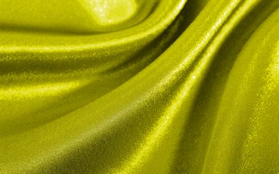 yellow satin wavy, 4k, silk texture, fabric wavy textures, yellow fabric background, textile textures, satin textures, yellow backgrounds, wavy textures