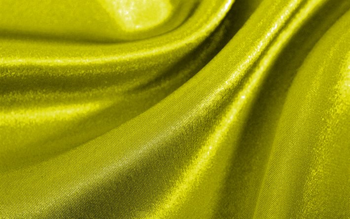 keltainen satiini aaltoileva, 4k, silkkirakenne, kangas aaltoilevat tekstuurit, keltainen kangastausta, tekstiilikuviot, satiinirakenteet, keltaiset taustat, aaltoilevat tekstuurit