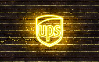 UPS yellow logo, 4k, yellow brickwall, UPS logo, brands, UPS neon logo, UPS