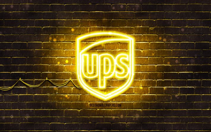 Logotipo amarelo da UPS, 4k, parede de tijolos amarela, logotipo da UPS, marcas, logotipo da UPS neon, UPS