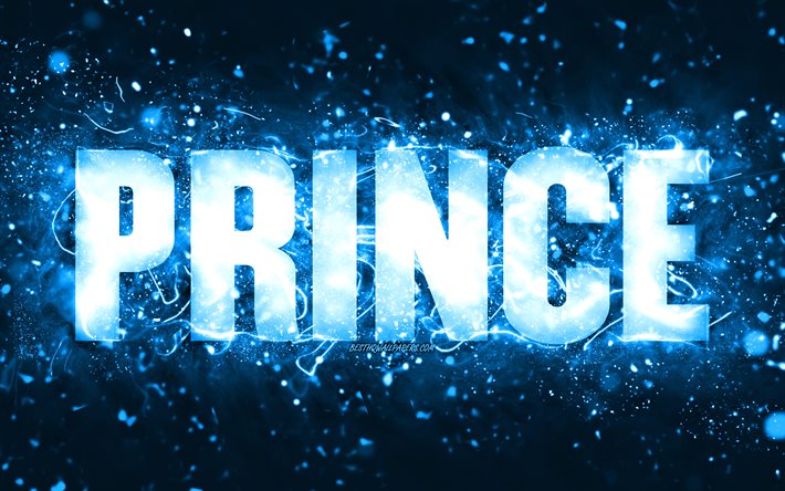 Joyeux anniversaire Prince, 4k, n&#233;ons bleus, Nom du prince, cr&#233;atif, Prince Joyeux anniversaire, Prince anniversaire, noms masculins am&#233;ricains populaires, photo avec le nom de Prince, Prince