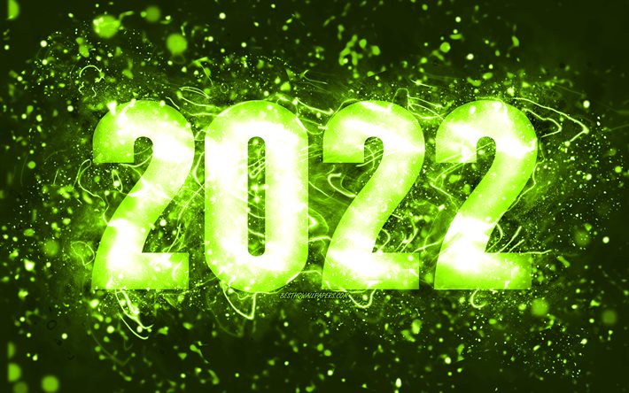 4k, 明けましておめでとうございます, ライムネオンライト, 2022年のコンセプト, 2022年新年, ライムの背景に2022年, 2022年の数字, 2022年のライムの数字