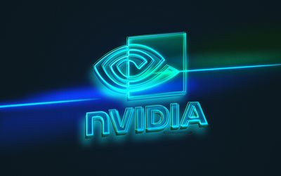 Nvidia logosu, hafif sanat, Nvidia amblemi, mavi ışık &#231;izgili arka plan, Nvidia neon logosu, yaratıcı sanat, Nvidia