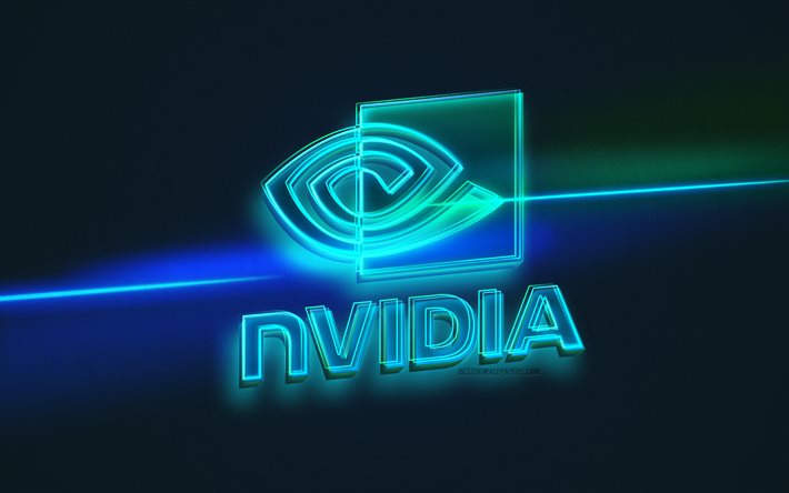 Nvidia -logo, valotaide, Nvidia -tunnus, sininen valo viiva -tausta, Nvidia -neonlogo, luova taide, Nvidia
