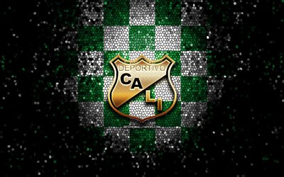 Deportivo Cali FC, glitter logo, Categoria Primera A, green white checkered background, soccer, colombian football club, Deportivo Cali logo, mosaic art, football, Deportivo Cali, Asociacion Deportivo Cali