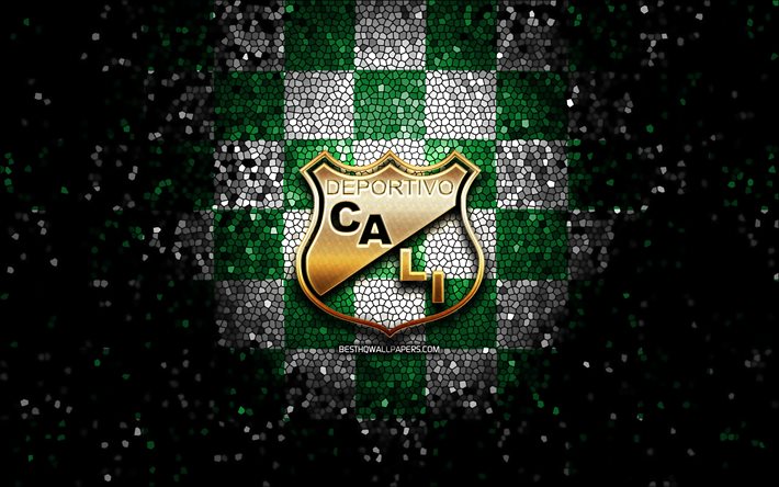 Deportivo Cali FC, logotipo brilhante, Categoria Primera A, fundo xadrez branco verde, futebol, clube de futebol colombiano, logotipo do Deportivo Cali, arte em mosaico, Deportivo Cali, Asociacion Deportivo Cali