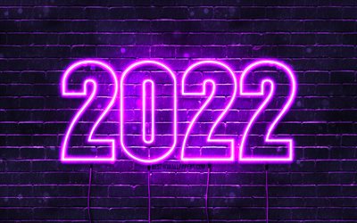 2022 violette neonziffern, 4k, frohes neues jahr 2022, violette ziegelmauer, horizontaler text, 2022-konzepte, dr&#228;hte, 2022-neujahr, 2022 auf violettem hintergrund, 2022-jahresziffern