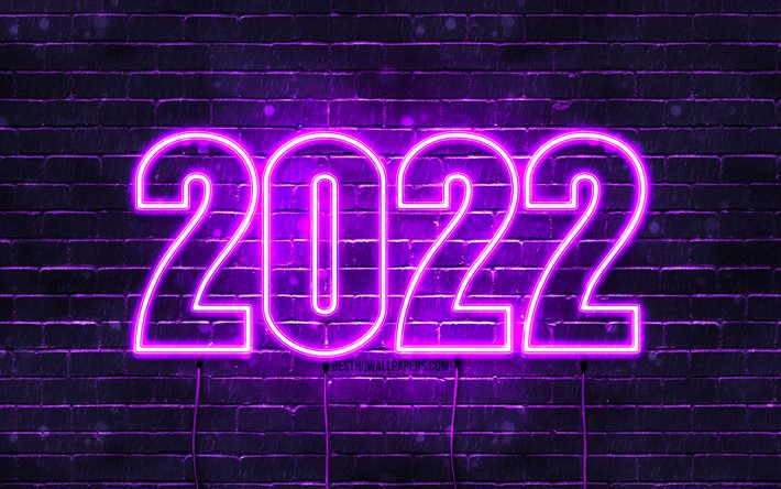 2022 cifre al neon viola, 4k, Felice Anno Nuovo 2022, muro di mattoni viola, testo orizzontale, 2022 concetti, fili, 2022 anno nuovo, 2022 su sfondo viola, cifre dell&#39;anno 2022