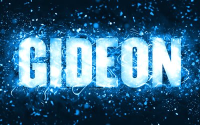 Happy Birthday Gideon, 4k, blue neon lights, Gideon name, creative, Gideon Happy Birthday, Gideon Birthday, popular american male names, picture with Gideon name, Gideon