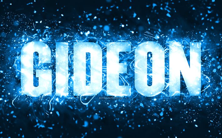 Joyeux anniversaire Gideon, 4k, n&#233;ons bleus, nom Gideon, cr&#233;atif, joyeux anniversaire Gideon, anniversaire Gideon, noms masculins am&#233;ricains populaires, photo avec le nom Gideon, Gideon