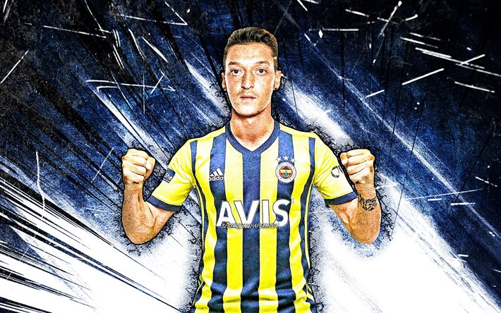 4k, Mesut Ozil, grunge art, Fenerbahce SK, Turkish Super Lig, german footballers, soccer, blue abstract rays, Fenerbahce FC, Mesut Ozil Fenerbahce