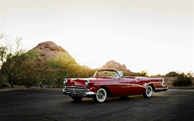 ビュイックロードマスターコンバーチブル, 4k, レトロな車, 1957年の車, アメリカ車, 赤いカブリオレ, 1957年ビュイックロードマスターコンバーチブル, ビュイック