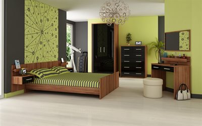 スタイリッシュなベッドルームのデザイン, モダンなインテリア, 寝室, 緑の寝室, 寝室のアイデア, 寝室の緑の壁, 寝室プロジェクト