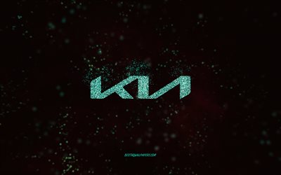 Kia glitter logo, 4k, black background, Kia logo, turquoise glitter art, Kia, creative art, Kia turquoise glitter logo