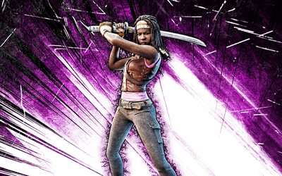 4k, Michonne, arte grunge, Fortnite Battle Royale, personagens Fortnite, Michonne Skin, raios abstratos violeta, Fortnite, Michonne Fortnite